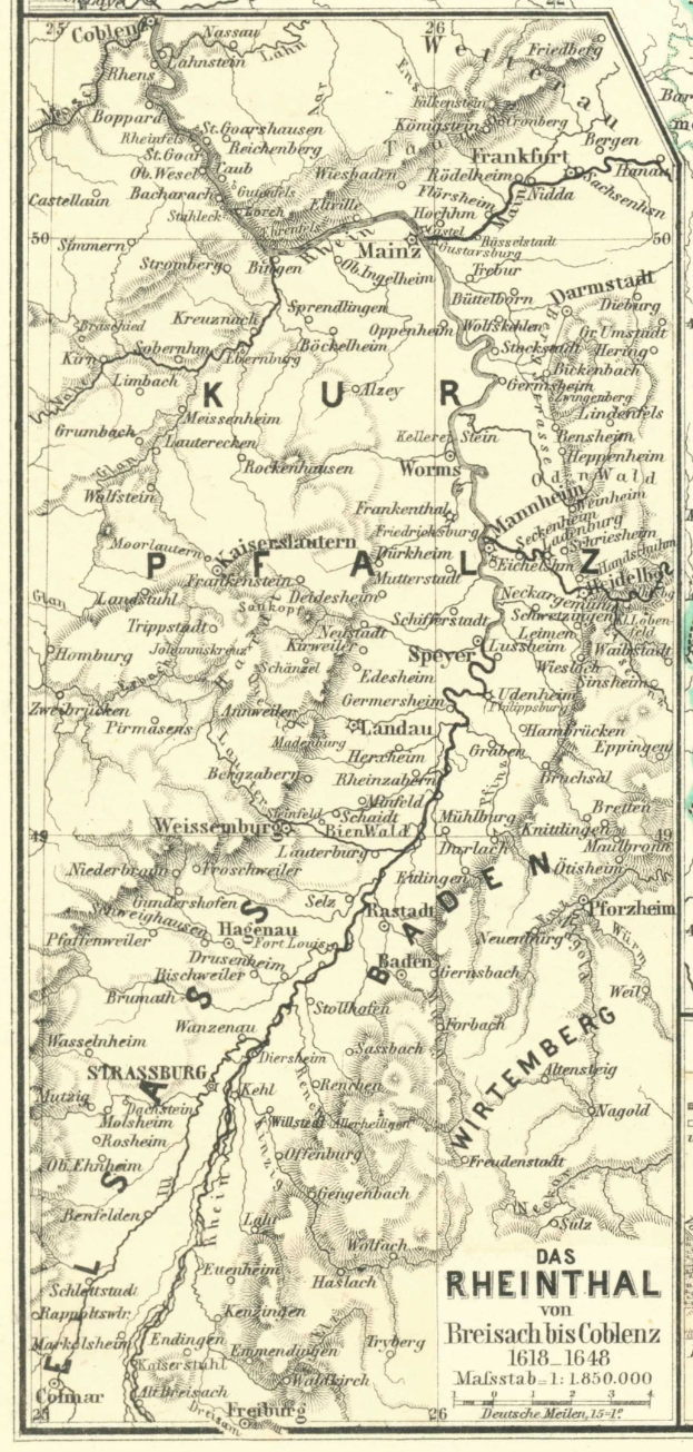 Ein detaillierter alter Plan des Rheins in Deutschland, der Flüsse, Städte und geografische Merkmale mit Text oben und unten auf dem Papier zeigt.