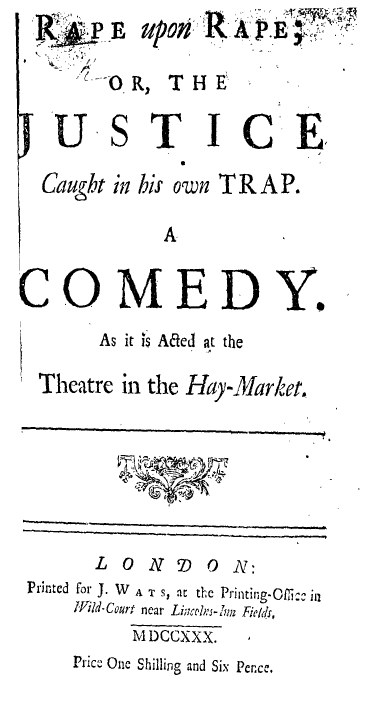 Schwarzes und weißes Plakat mit fetter schwarzer Schrift, die 'Vergewaltigung auf Vergewaltigung oder die Gerechtigkeit, die in ihrer eigenen Falle gefangen ist' liest, wahrscheinlich Ankündigung einer Comedy-Show.