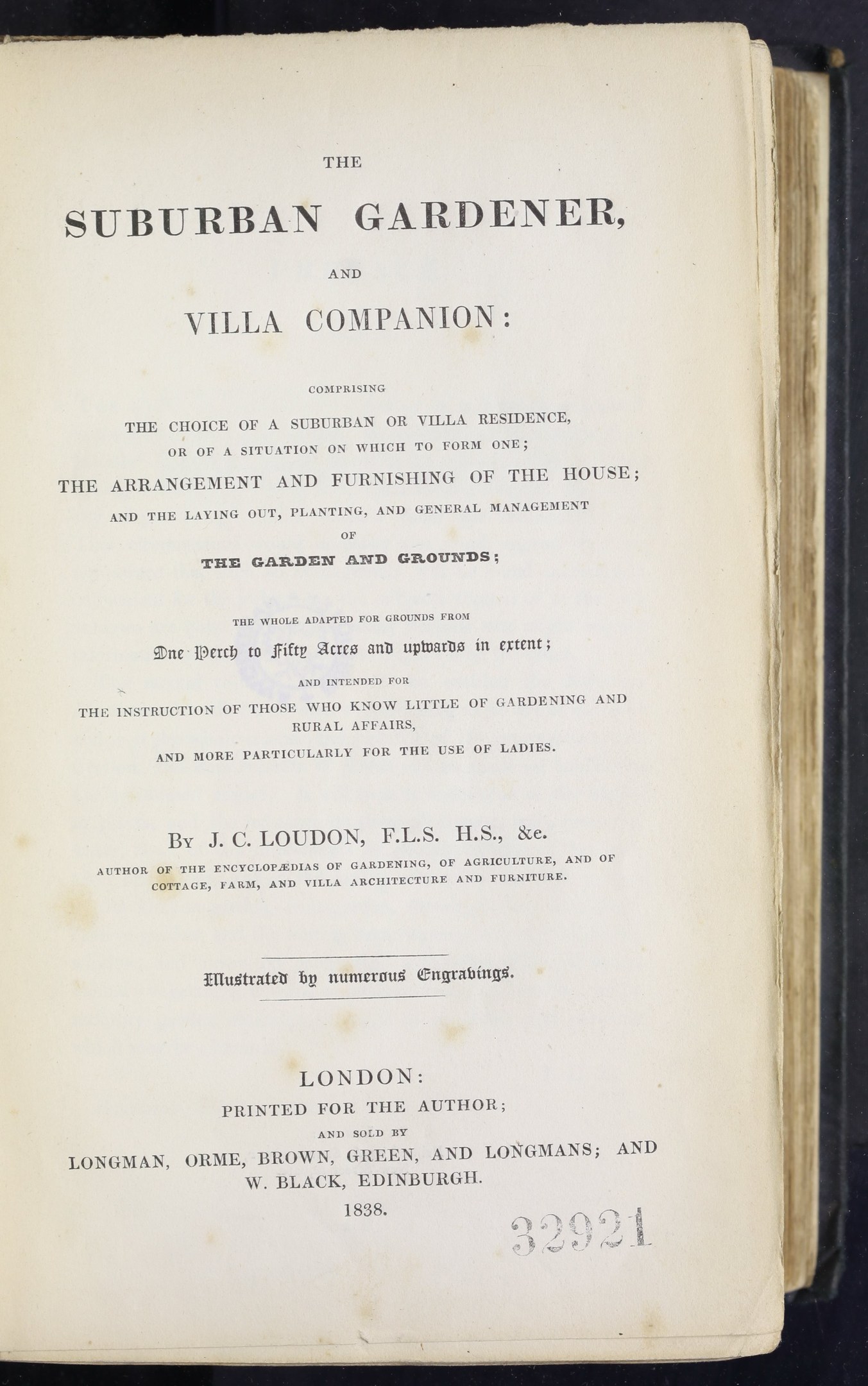 Offenes Buch mit dem Titel "The Suburban Gardener, and Villa Companion" auf dem Cover, wahrscheinlich ein Führer für Stadträume und Villen.