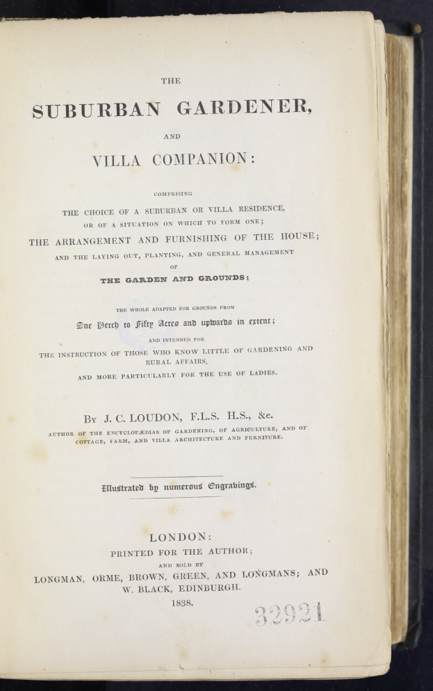 Offenes Buch mit dem Titel "The Suburban Gardener, and Villa Companion" auf dem Cover, wahrscheinlich ein Führer für Stadträume und Villen.
