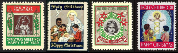 Vier USPS-Weihnachtsmarken mit dem Titel "Heiliges Kind" zeigen eine Gruppe von Menschen auf schwarzem Hintergrund.