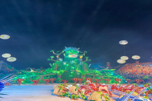 Ein lebendiger Karneval in Rio de Janeiro, Brasilien, mit Performern in bunten Kostümen auf der Bühne, einer großen Menge im Publikum und einem Himmel voller bunter Lichter und Ballons.