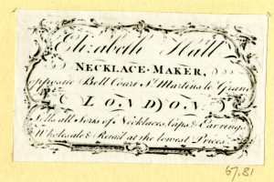 Eine alte Visitenkarte mit einem Bild eines Halskettenschmieds und Text, der seine Dienstleistungen beschreibt.
