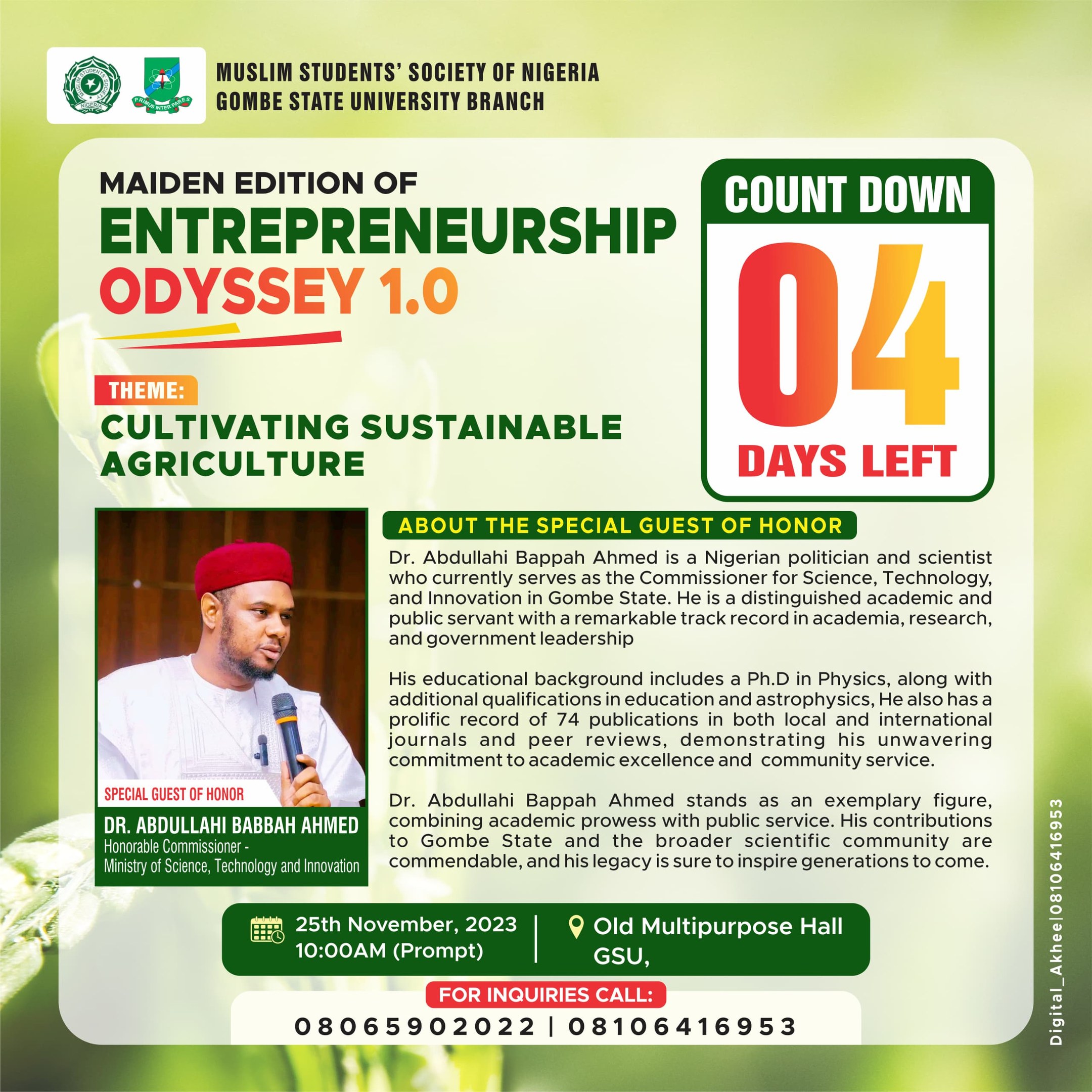 Plakat für die Premiere von Entrepreneurship Odyssey 1.0, betitelt mit "Nachhaltige Landwirtschaft kultivieren", das einen Menschen in einem weißen Hemd zeigt, der ein Mikrofon hält und entschlossen aussieht.