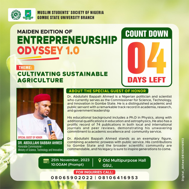 Plakat für die Premiere von Entrepreneurship Odyssey 1.0, betitelt mit "Nachhaltige Landwirtschaft kultivieren", das einen Menschen in einem weißen Hemd zeigt, der ein Mikrofon hält und entschlossen aussieht.