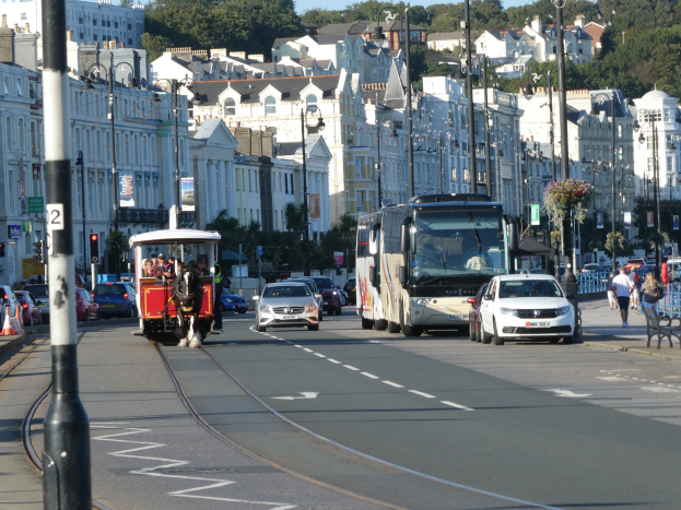 Vollgestoppte Stadtstraße mit hohen Gebäuden, Fahrzeugen, Fußgängern, Verkehrsampeln, Laternen, Schildern, Bäumen und einem klaren blauen Himmel.
