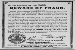 Ein schwarz-weißes Plakat mit einer Betrugswarnung, das den Text 'Carlsbad Spruud Salt' und ein Firmenlogo enthält.