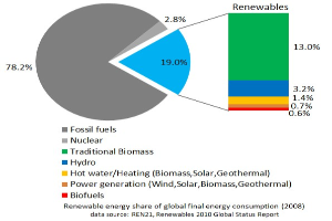Tortendiagramm, das den globalen Verbrauch erneuerbarer Energien im Jahr 2008 zeigt, unterteilt in Abschnitte für fossile Brennstoffe, Kernenergie, Wasserkraft, Warmwasser, Heizung, Biomasse, Solarenergie, Geothermie und Biokraftstoffe.