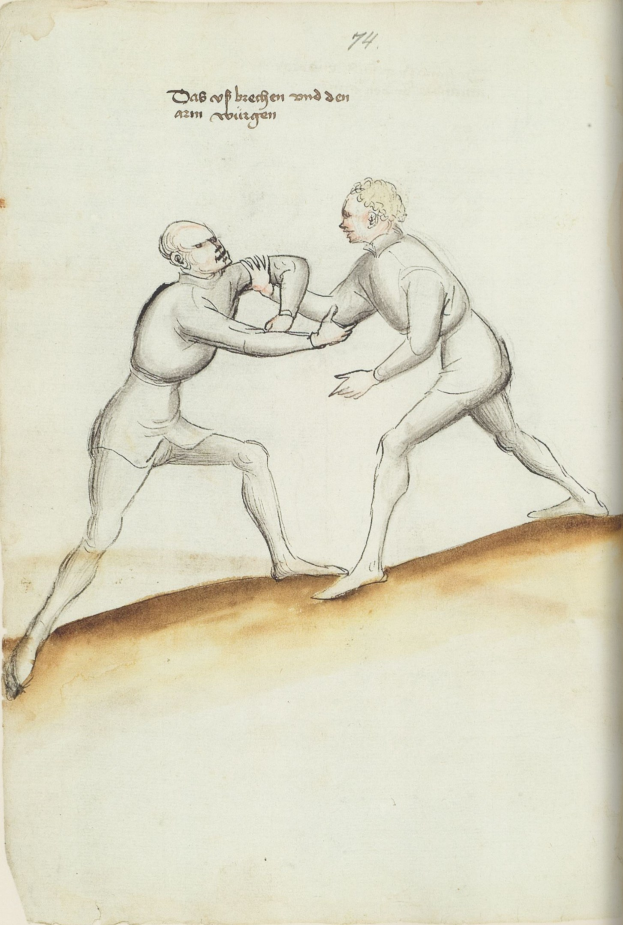 Zwei Männer stehen sich gegenüber und geraten in eine körperliche Auseinandersetzung, wobei einer der Männer einen Schlag austeilt und auf einem Blatt Papier mit sichtbarem Text steht.