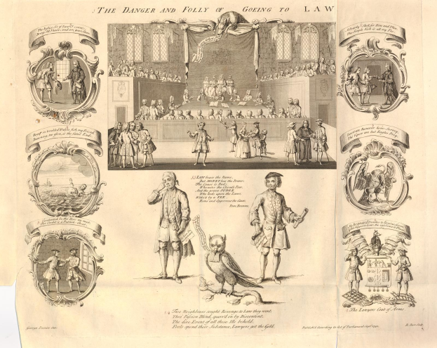 Eine Papierillustration, die verängstigte Menschen zeigt und vor den Gefahren rechtlicher Schritte warnt.