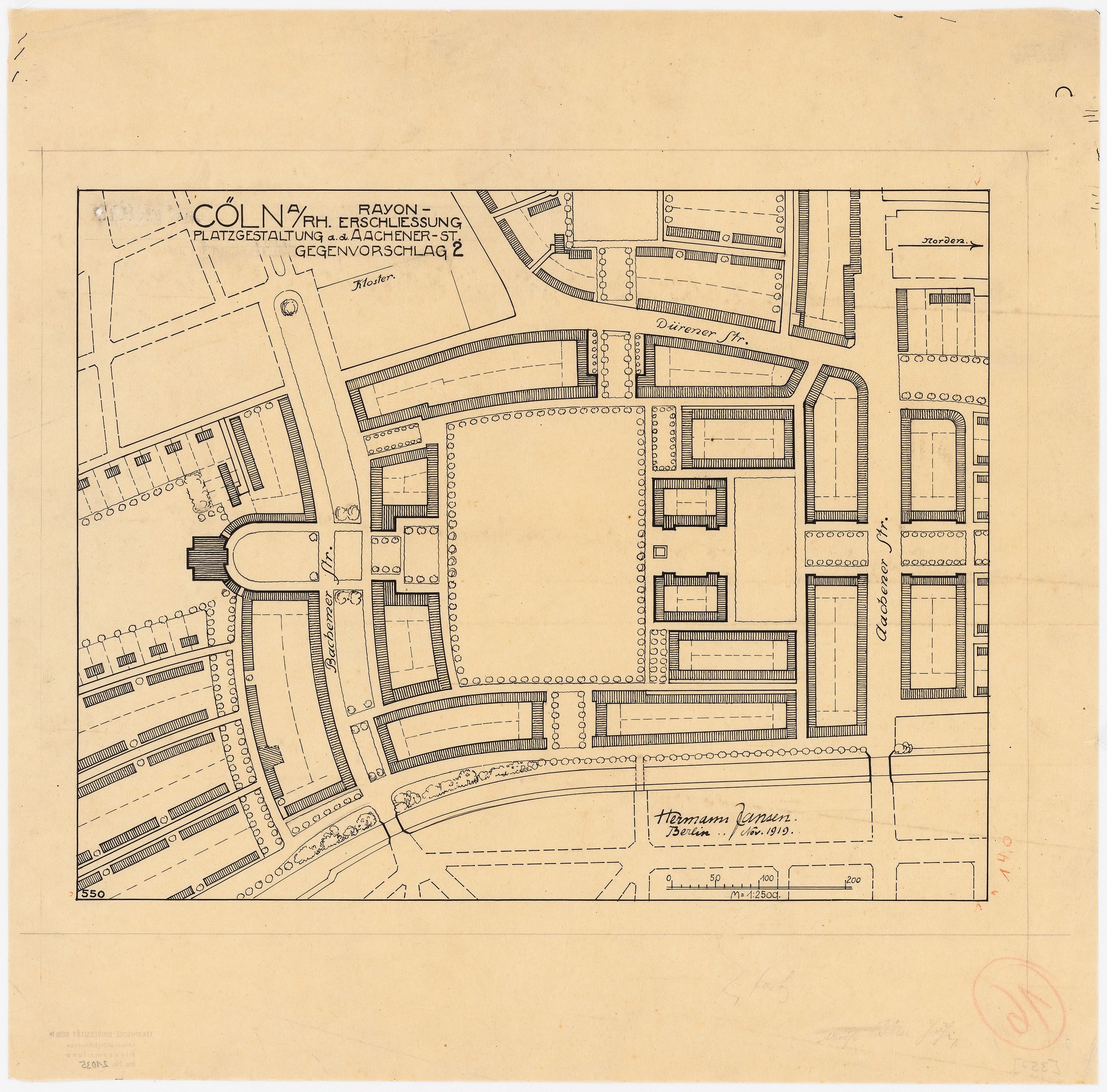 Alte Karte von Köln, Deutschland, zeigt detailliertes Gebäude layout mit handgeschriebenen Anmerkungen auf altem Papier.