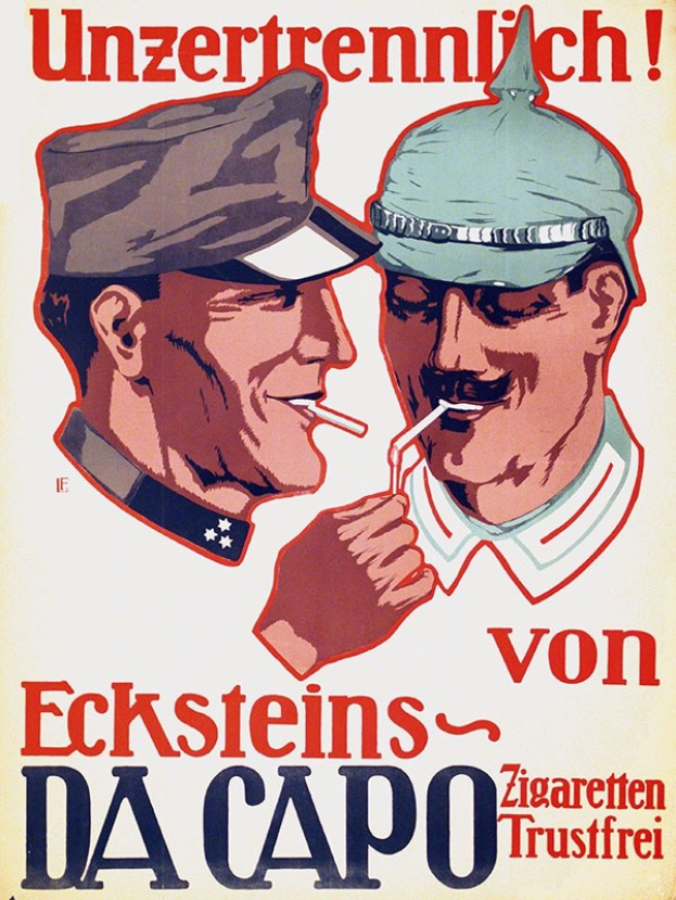 Deutsches Propagandaplakat mit zwei Männern in Mützen und Zigaretten rauchend mit Text.