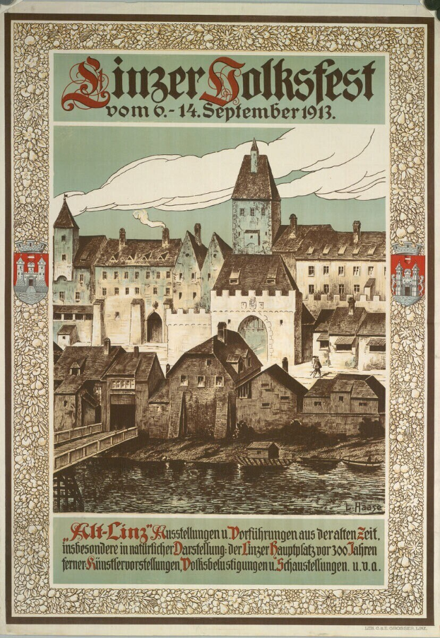 Alter deutscher Festivalplakat mit einer Burgen-Illustration umgeben von H├Ąusern und Text.