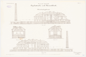 Eine Zeichnung eines mehrfenstrigen Gebäudes mit einem Schornstein, das als psychiatrische Klinik in Deutschland gilt, mit Text für weitere Informationen.