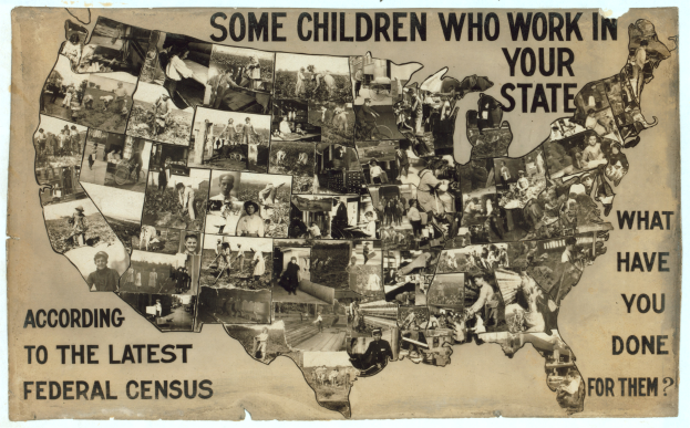 Ein Plakat mit einer Karte der Vereinigten Staaten, Bildern von Menschen und dem Text "Einige Kinder, die in Ihrem Bundesstaat arbeiten, laut der letzten Volkszählung".