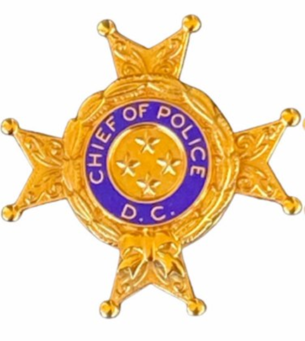 Ein goldener Polizeiabzeichen mit der Gravur "Polizeipräsident" in der Mitte auf einem weißen Hintergrund.