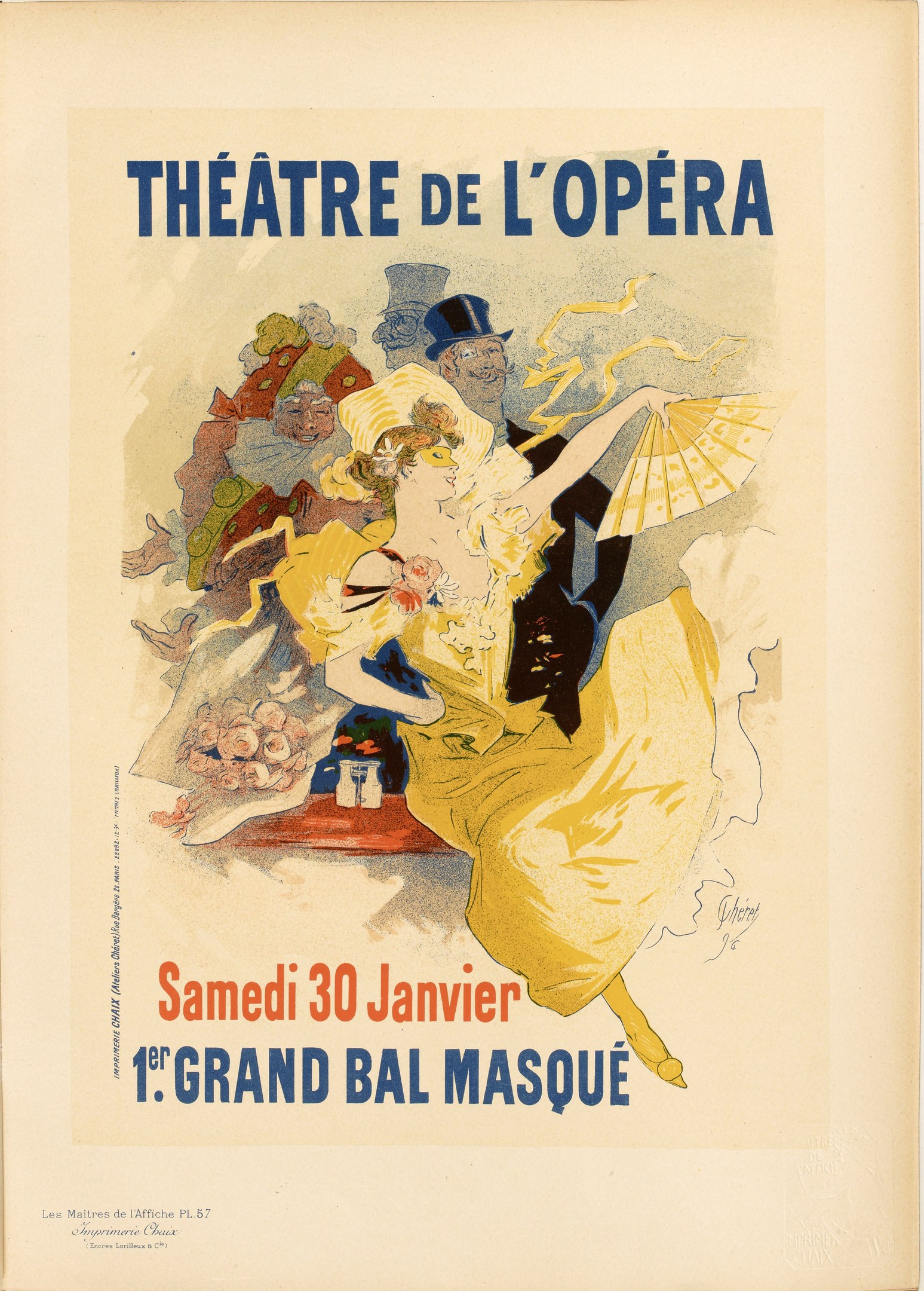 Plakat für das Théâtre de l'Opéra in Paris mit einer Frau in einem weißen Kleid mit einem blauen Schultertuch vor einem tiefblauen Nachthimmel mit Sternen und schwarzer, fetter Schrift, die 'Theater der Oper' lautet.