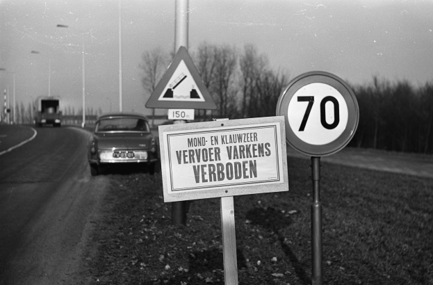 Schwarzes und weißes Foto eines Tempolimitschildes am Rande einer Straße mit einem vorbeifahrenden Auto, Bäumen, Pfählen und einem klaren Himmel im Hintergrund.