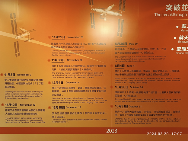 Ein Plakat, das den Startplan der Internationalen Raumstation zeigt, einschließlich Daten, Uhrzeiten, Standorten und Abbildungen der für die Starts verwendeten Satelliten.