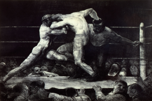 Zwei Boxer im Ring tauschen Faustschläge aus, während eine jubelnde Menge zusieht.