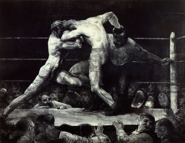 Zwei Boxer im Ring tauschen Faustschläge aus, während eine jubelnde Menge zusieht.