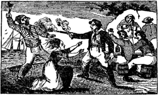 Eine Schwarz-Weiß-Zeichnung einer Gruppe von Menschen am Strand mit einem Schiff im Hintergrund, einem Baum im Vordergrund und dem Text "Pirates of the Caribbean" unten.