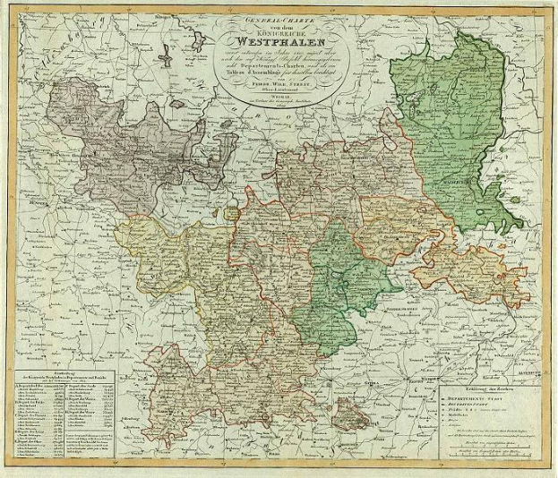 Alte Deutschlandkarte in einem Foto Rahmen, mit den Provinzen Westfalen und Deutschland und zusätzlichem Text.