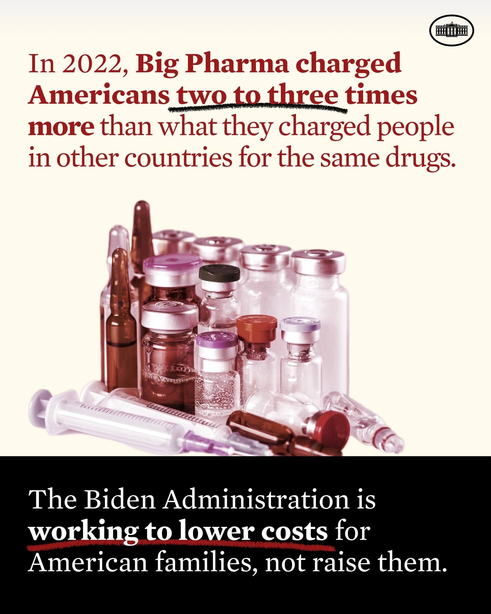 Plakat mit Text, der besagt, dass Big Pharma die Amerikaner im Jahr 2022 zwei bis drei Mal so viel für dieselben Medikamente berechnet hat wie andere Länder, begleitet von Medikamentenflaschen und einer Spritze.