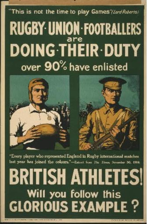 Plakat mit zwei Rugbyspielern in Militäruniform mit Text über britische Athleten, die im Ersten Weltkrieg eingezogen sind.