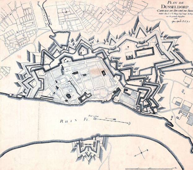 Detailierte Stadtplan-Poster von Düsseldorf, Deutschland, mit Straßen, Gebäuden und Sehenswürdigkeiten sowie zusätzlichem Text über die Einwohnerzahl, Geschichte und Kultur der Stadt.