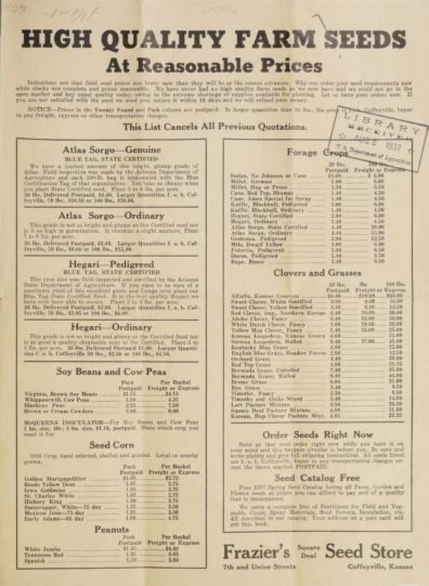 Ein altes Buch mit einer Liste von hochwertigen Farm-Saatgut zu vernünftigen Preisen von Frazier's Saatgutladen in Coffeyville, Kansas, aus dem Jahr 1927.