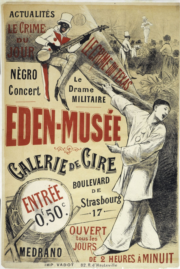 Plakatankündigung für das Eden-Musee Galerie de Cire in Straßburg, Frankreich, mit einer Person, die ein Musikinstrument spielt, umgeben von anderen Musikern und Text.