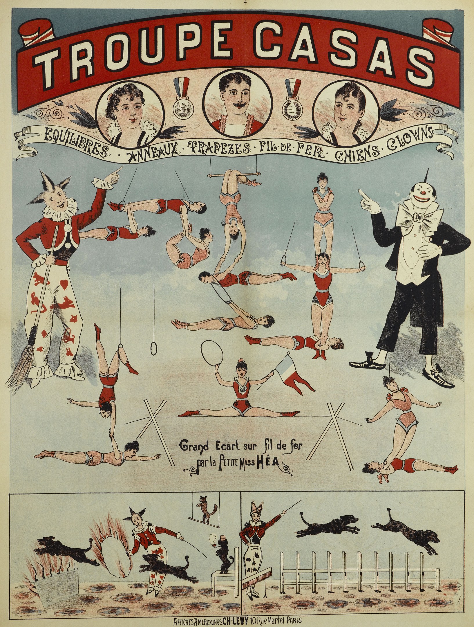 Plakat, das die 'Troupe Casas'-Zirkusgruppe in Paris ankündigt, mit Performern in farbenfrohen Kostümen und Masken neben Tierbildern.
