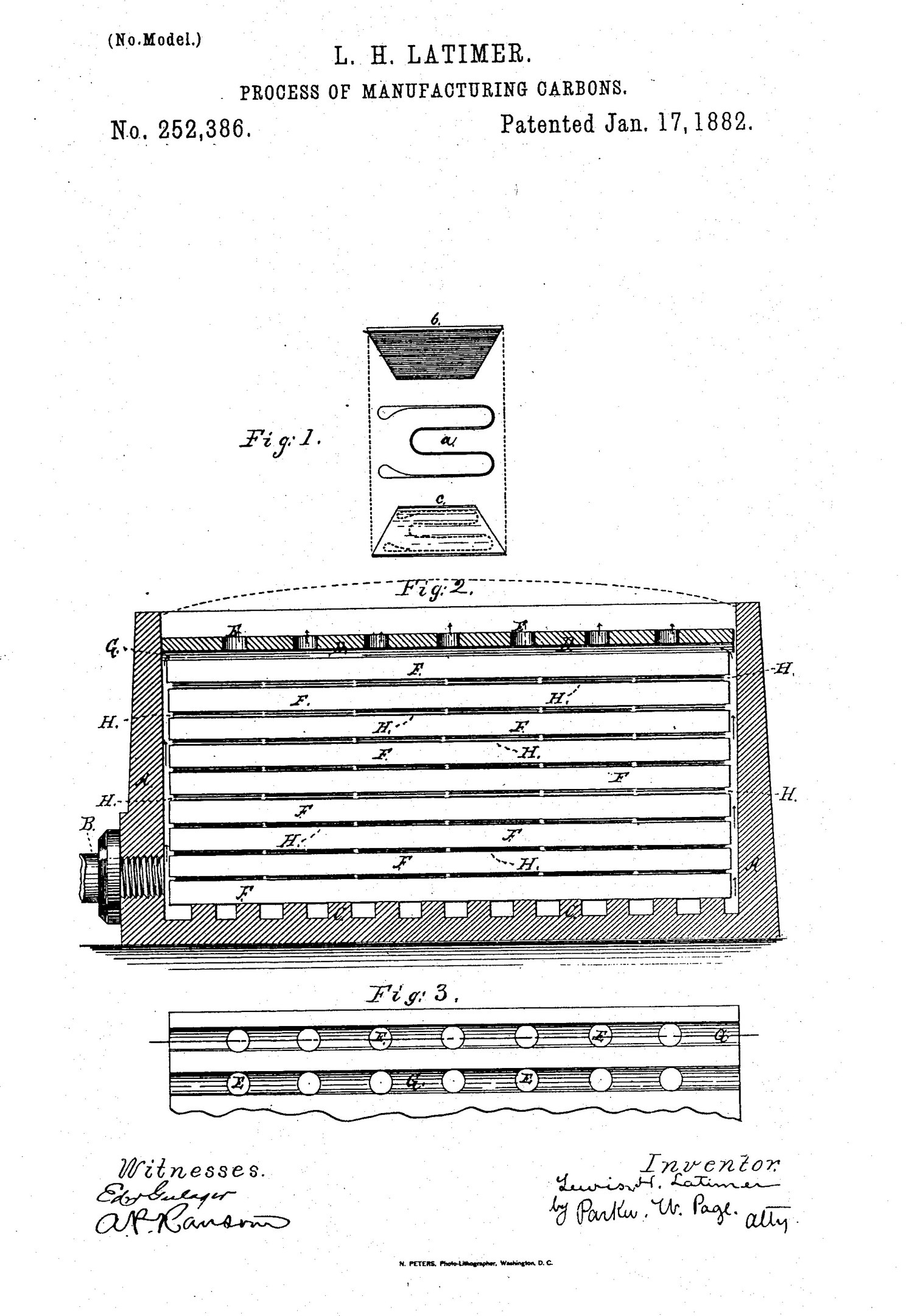 Schwarzes Patentbild einer Maschine mit einer beschrifteten Vorrichtung auf einem weißen Hintergrund, betitelt mit "Patent Nr. 252,386 - Verfahren zur Herstellung von Karbonen."