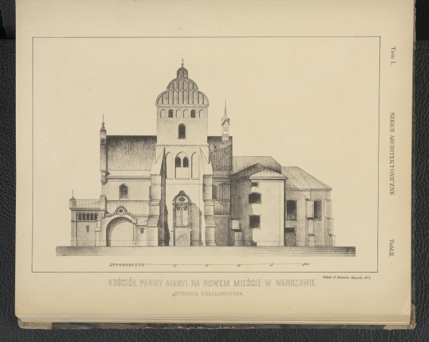 Ein detailliertes Bild einer Kirche mit sichtbaren Fenstern, Bögen und Säulen ist auf dem Cover eines alten Buches abgedruckt.
