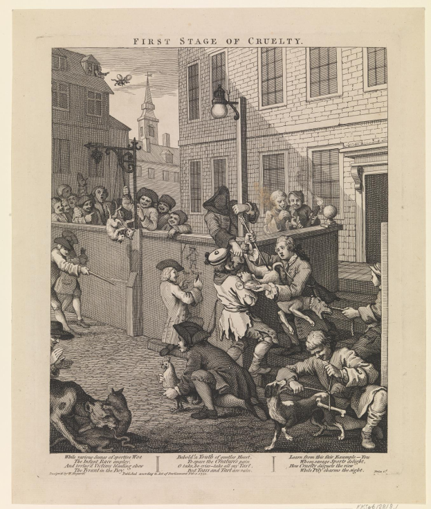 Gruppe von Menschen und Tieren versammelt sich vor einem Gebäude mit Fenstern und einer Straßenlaterne, mit einem Himmel als Hintergrund, und einem Text, der unten 'Erste Stufe der Grausamkeit' lautet.