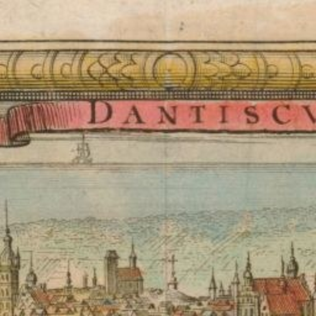 Altes Buch mit einer Stadtansicht-Illustration auf dem Cover, das Geb├Ąude und ein Banner mit beschreibendem Text zeigt.