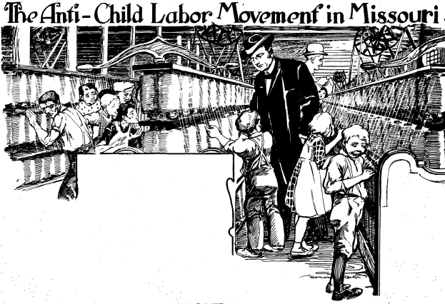 Plakat mit der Aufschrift "Die Anti-Kinderarbeit-Bewegung in Missouri" zeigt besorgte Menschen in traditioneller Kleidung, einige sitzen und andere stehen, mit Text oben und unten.