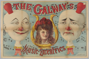 Ein Plakat für die Galway Music Excentrics mit einer Frau in der Mitte und zwei Clowns an den Seiten, das den Zirkus und seine Künstler beschreibt.