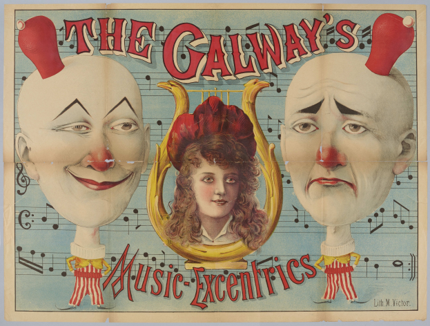 Ein Plakat für die Galway Music Excentrics mit einer Frau in der Mitte und zwei Clowns an den Seiten, das den Zirkus und seine Künstler beschreibt.